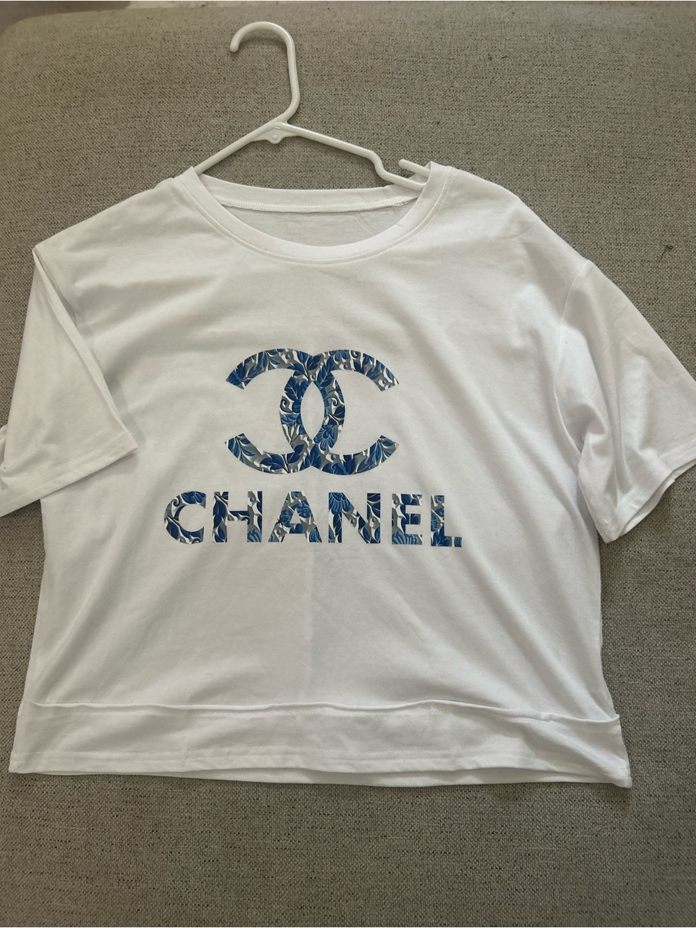 Handmade Short Sleeve White Tee with Blue Patterned Logo